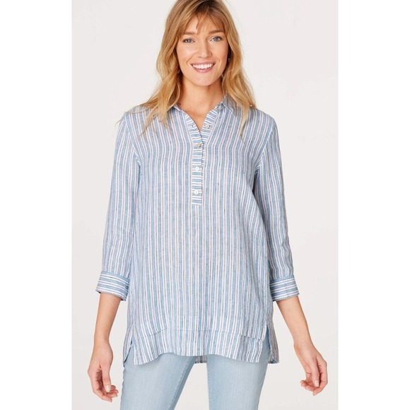 J. Jill Tops - J.Jill Love Linen Women's Blue Striped High Low Hem Popover Tunic Blouse Size M